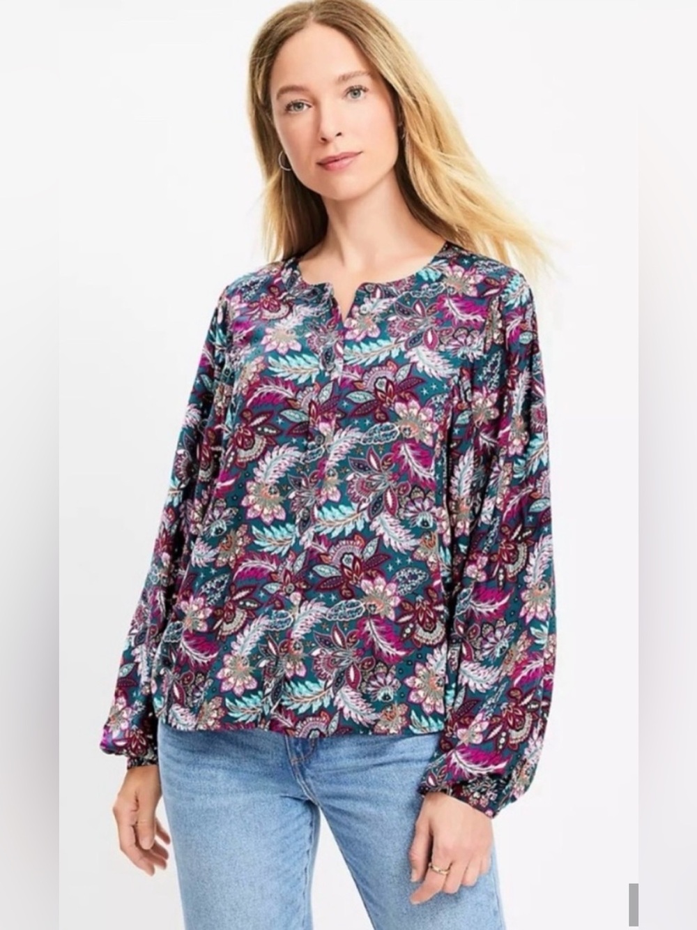 Loft Paisley Print Long Sleeve Blouse Size L Teal Purple Boho Button Front T NWT
